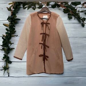 Madewell Colorblock Faux “Mink” Jacket coat tie front fall winter XS brown tan